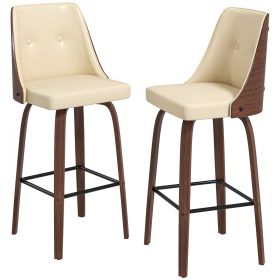 Bar Stools Set of 2 Counter Height Swivel PU Leather Tufted Back Footrest Beige for Kitchen