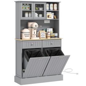 Kitchen Pantry Storage Cabinet with Charging Station, 2 Tilt Out Cabinets, Microwave Stand, Gray