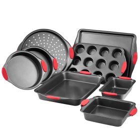 Baking Pans Set, 8-Piece, Nonstick Carbon Steel Cookware Sheets & Trays, Stackable Kitchen Oven Bakeware Cooking Sets with Silicone Handles