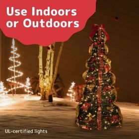 6 ft Fully Decorated Christmas Tree, Gold and Red Collapsible Christmas Tree with 350 Warm Lights, Bows, Ornaments, Holly Leaves and More