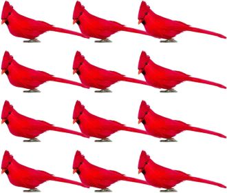 12 Pcs Artificial Red Cardinal Birds Clip, Christmas Cardinal Birds Clip, Fake Bird Red Cardinals Decor for Christmas Tree Ornament Decorations