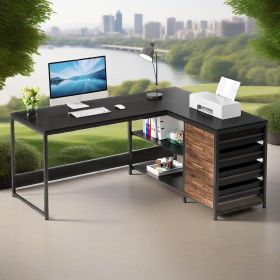 L Shaped Computer Desk with Storage Drawers, 59 inch Corner Desk with Shelves, Reversible L-Shaped Office Desk Study Writing Table Workstation