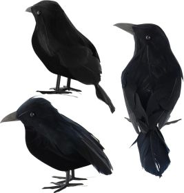 3 Pack Black-Feathered Crows Halloween Decorations - Realistic Artificial Handmade Black Feathered Crows for Halloween Party & Outdoor/Indoor Decorati