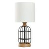 Black Metal Cage Table Lamp with Wood Accents and Drum Shade, 17"