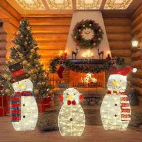 3-Piece Christmas Snowman Family Decorations (Father/Mother/Baby), 2D Plush-Wrapped Metal Frame with 3×9.84ft LED String Lights (30 Beads/Each)