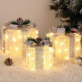 Set of 3 Christmas Lighted Gift Boxes with Plug, Indoor Outdoor Christmas Decorations with 60 LED Warm White Mini String Lights