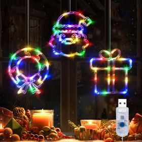 Christmas Window Decorations, 3 Pack USB Multicolor Wreath, Gift Box, Santa Claus Xmas Indoor Window Lights, 8 Flashing Modes LED Lights for New Year
