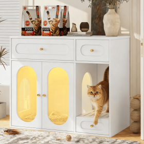 Cat Litter Box Enclosure with LED Light, Hidden Litter Box Furniture with Storage Drawers,Fit Most of Litter Box, Indoor Pet House with Acrylic D