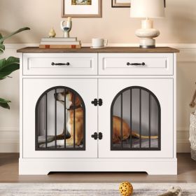 43.3" Dog Crate Furniture, Heavy Duty Indoor Dog Kennel with 2 Storage Drawers, Dog Cage with Side Doors for Medium Large Dogs, End Table Dog Cra
