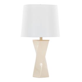 Curvo Square Contemporary 27" Ceramic Table Lamp in Cream Ceramic, Gold Metal, and White Linen by