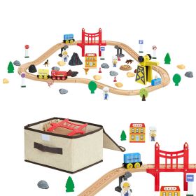 70PCS Wooden Train Set, with Magnetic Crane, Wood Train Track Toy for Kids Ages 3-8, Construction Crane Railway Set, Compatible with Major Brands