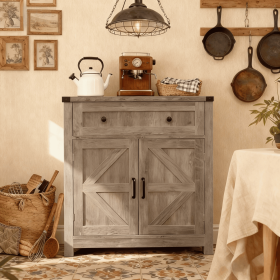 Light Gray-Washed Wood Farmhouse Barn-Door Storage Cabinet, Coffee Bar Buffet Sideboard with Drawer for Kitchen & Living Room