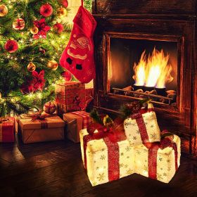 Set of 3 Christmas Lighted Gift Boxes, Pre-lit 60LED Light Up Present Boxes Ornament Outdoor, Boxes with Gold Snowflake