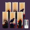 Halloween Flameless LED Candles, Set of 6, Gothic Design with Remote Control, 6 in x 2.15 in, 2AA Battery Operated 400+ Hours, Timer Function