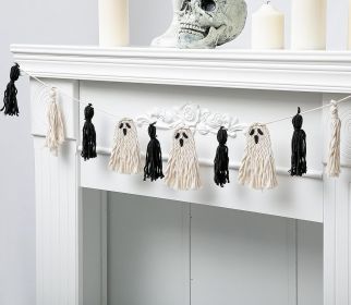 Halloween Ghost Tassel Garland, Black White Ghosts Macrame Banner Decor, Hanging Boho Ghost Decoration
