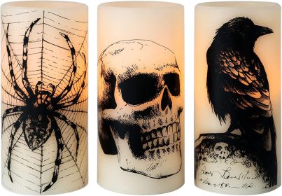 Halloween LED Flameless Flickering Candles Battery Operated with 6H Timer Skull Spider Web Crow Raven Spooky Decals Halloween Themed Indoor Decoration