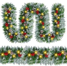 Christmas Garland with Lights - 9FT Pre-Lit Flocked Garland with 30 LED Bulbs, Red Berries, Pine Cones