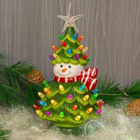 11" Ceramic Christmas Tree, Pre-lit Battery Operated Vintage Tabletop Snowman Tree Ornaments with 50 Multicolored Lights