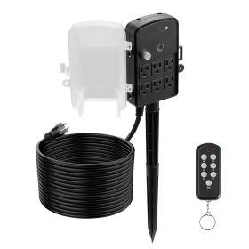 Outdoor Power Stake, 50FT Extension Cord, Outdoor Power Strip Weatherproof with Cover, Remote Control Dusk to Dawn Light Timer Waterproof, 6 Outlets