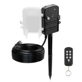 Outdoor Power Stake, 100FT Extension Cord, Outdoor Power Strip Weatherproof with Cover, Remote Control Dusk to Dawn Light Timer Waterproof, 6 Outlets