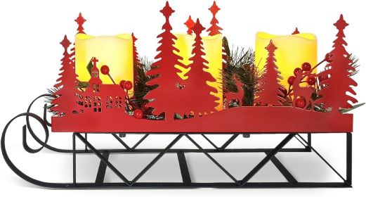 Christmas Sleigh Centerpiece Table Decorations with Flickering Led Candle Lights Xmas Sleigh Silhouette Candelabrum for Dinning Room, Table, Fireplace
