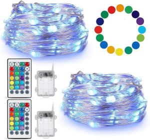 Fairy Lights Battery Operated Twinkle Lights with Multicolor Changing, 50 LED, 16.4Ft Silvery Copper Wire, Remote Included. Perfect for Party, Wedding