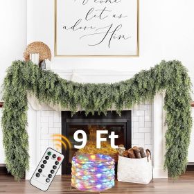 Cedar Christmas Garland with Lights for Mantle - Decorations 9ft Realistic Lighted Faux Pine Garlands for Xmas Home Decoration Indoor Stairs Railing F