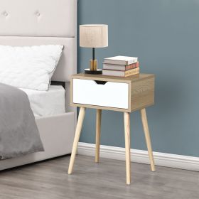 Side Table with 1 Drawer and Rubber Wood Legs;  Mid-Century Modern Storage Cabinet for Bedroom Living Room Furniture;  White with solid wood colo