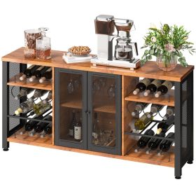 Industrial Bar Cabinet, 55 Inch Rustic Oak, 330 LBS Wine Table for Liquor with Wine Racks (24 Bottles), Glass Holders and Metal Sideboard