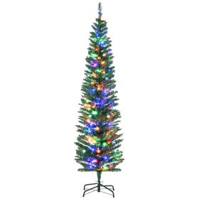 6ft Tall Pencil Prelit Artificial Christmas Tree Holiday Décor with 390 Branches, 150 Colorful LED Lights, Steel Base, Green