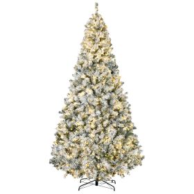 9ft Tall Prelit Artificial Christmas Tree Holiday Décor with 1868 Snow Flocked Branches, 600 Warm White LED Lights, Auto Open, Green