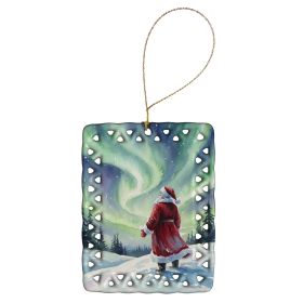 Santa Claus Watching the Northern Lights Christmas Porcelain Ornament Christmas Tree Hanging Decorations for Home Christmas Holiday, Rectangle, Gift