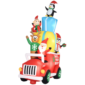 9ft Christmas Inflatables Outdoor Decorations Santa Claus Drives a Gift Car with Elk, Elf and Two Penguins