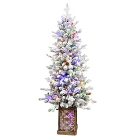 Pre-Lit Potted Flocked Arctic Fir Pencil Artifical Christmas Tree 4ft, Slim Potted Twinkle Christmas Tree with Multicolor Lights, Mixed PE