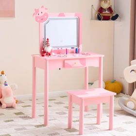 Pink MDF + solid wood legs, spray paint + silkscreen printing, cow pattern, 1-drawer children's dressing table set