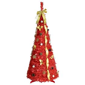 6FT Prelit Full Pop Up Christmas Tree with 150 Warm LED Lights, Gold and Red Ribbon, Bows