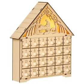 Christmas Advent Calendar, Light Up Manger Scene Tabletop Xmas Wooden House Holiday Decoration with Countdown Drawer, Bible Characters
