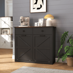 Farmhouse Black Double Tilt Out Trash Cabinet for 20 Gallon Trash Cans, Free Standing Recycling Cabinet with Hideaway Drawer