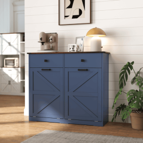 Farmhouse Blue Double Tilt Out Trash Cabinet for 20 Gallon Trash Cans, Free Standing Recycling Cabinet with Hideaway Drawer