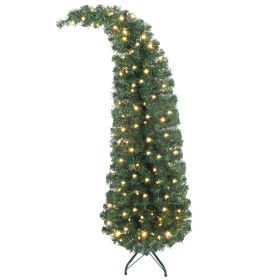 5 ft Prelit Bent Top Christmas Tree, Whimsical Xmas Tree Slim High Mountain Fir with 100 LEDs and Metal Stand, Green