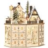 Christmas Advent Calendar, Light Up Table Xmas Wooden Holiday Decoration with Countdown Drawers and Village, for Kids and Adults, Natural