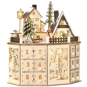 Christmas Advent Calendar, Light Up Table Xmas Wooden Holiday Decoration with Countdown Drawers and Village, for Kids and Adults, Natural