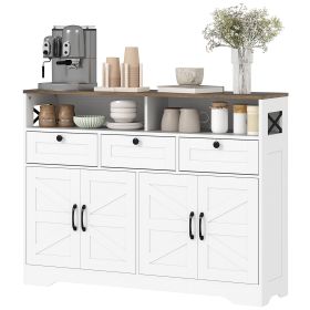 Sideboard, Buffet Cabinet with 4 Barn Doors and 3 Drawers, Coffee Bar Cabinet with Adjustable Shelves, White