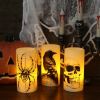 Halloween LED Flameless Flickering Candles Battery Operated with 6H Timer Skull Spider Web Crow Raven Spooky Decals Halloween Themed Indoor Decoration