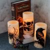 Halloween LED Flameless Flickering Candles Battery Operated with 6H Timer Skull Spider Web Crow Raven Spooky Decals Halloween Themed Indoor Decoration