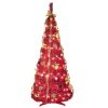 6FT Prelit Full Pop Up Christmas Tree with 150 Warm LED Lights, Gold and Red Ribbon, Bows