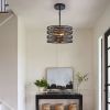 13" Rustic Industrial Pendant Light, 3-Light Black and Walnut Metal Cage Chandelier with Wood Accents for Kitchen Island and Dining Room (No Bulbs)