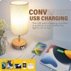 Yarra-Decor Bedside Table Lamp with USB Port - Touch Control for Bedroom Wood 3 Way Dimmable Nightstand Lamp with Round Flaxen Fabric Shade for Living