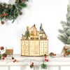 Christmas Advent Calendar, Light Up Table Xmas Wooden Holiday Decoration with Countdown Drawers and Village, for Kids and Adults, Natural