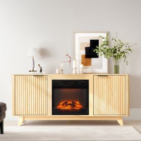 Oak Finish Fireplace TV Stand With 18 Inch Insert & Double Grid Doors, Embossed Particle Board Media Console 58 X 13.6 X 25.4 Inch (Option: Defaulttitle)